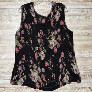Fashion Bug Black Floral Tank Top Blouse Sz 18 / 20 Boho Whimsy Accordian